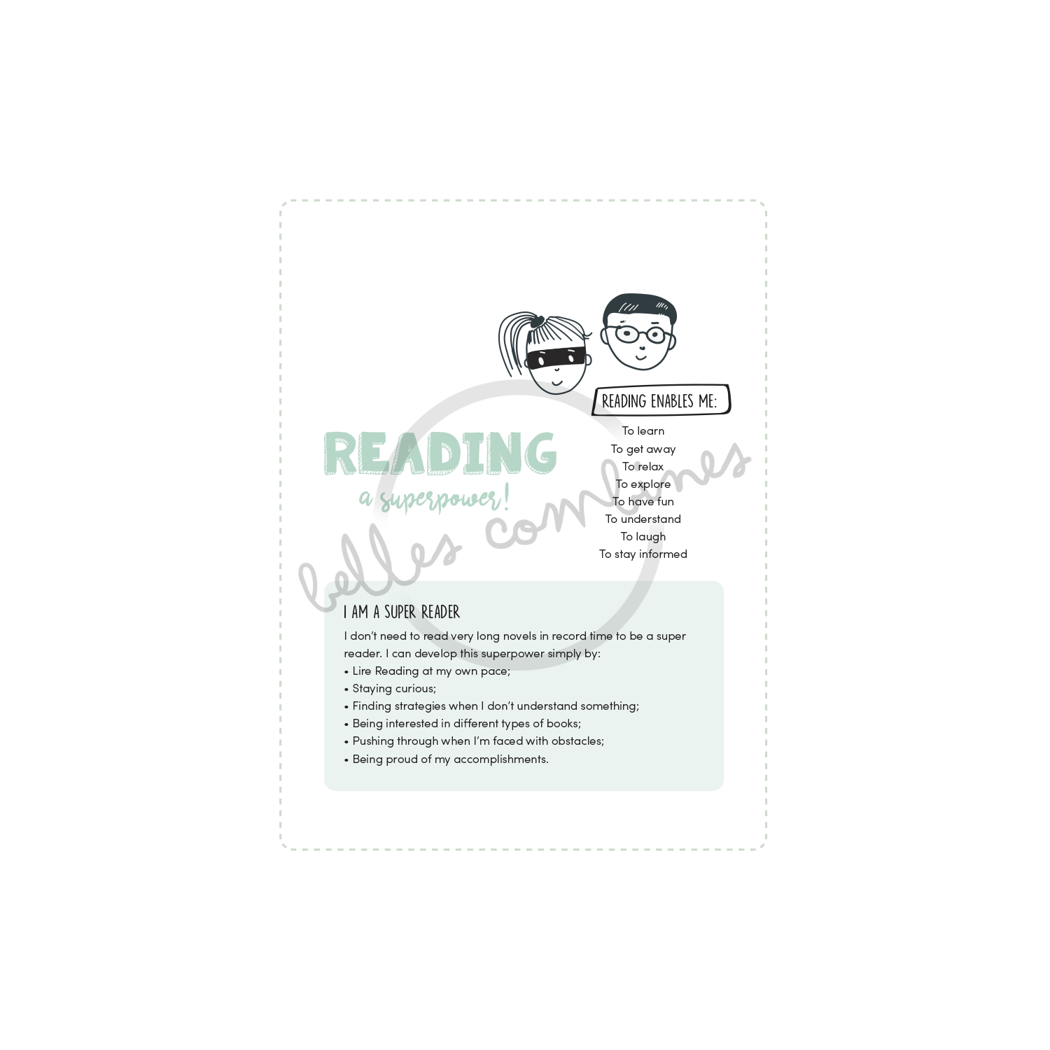 English version of the explanations of the Reading is my superpower book made by Les Belles Combines