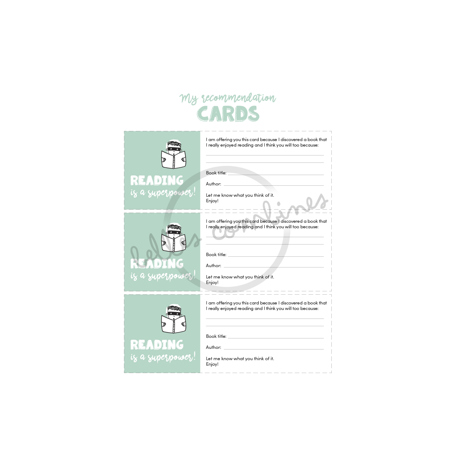 English version of My recommendations cards of Reading is my superpower document made by Les Belles Combines