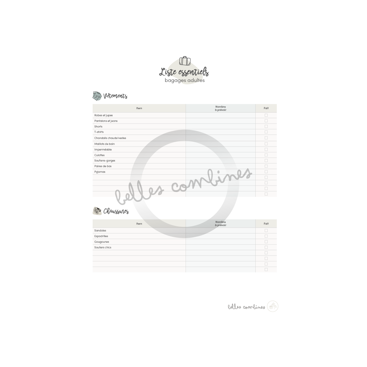 Baggage list for adults