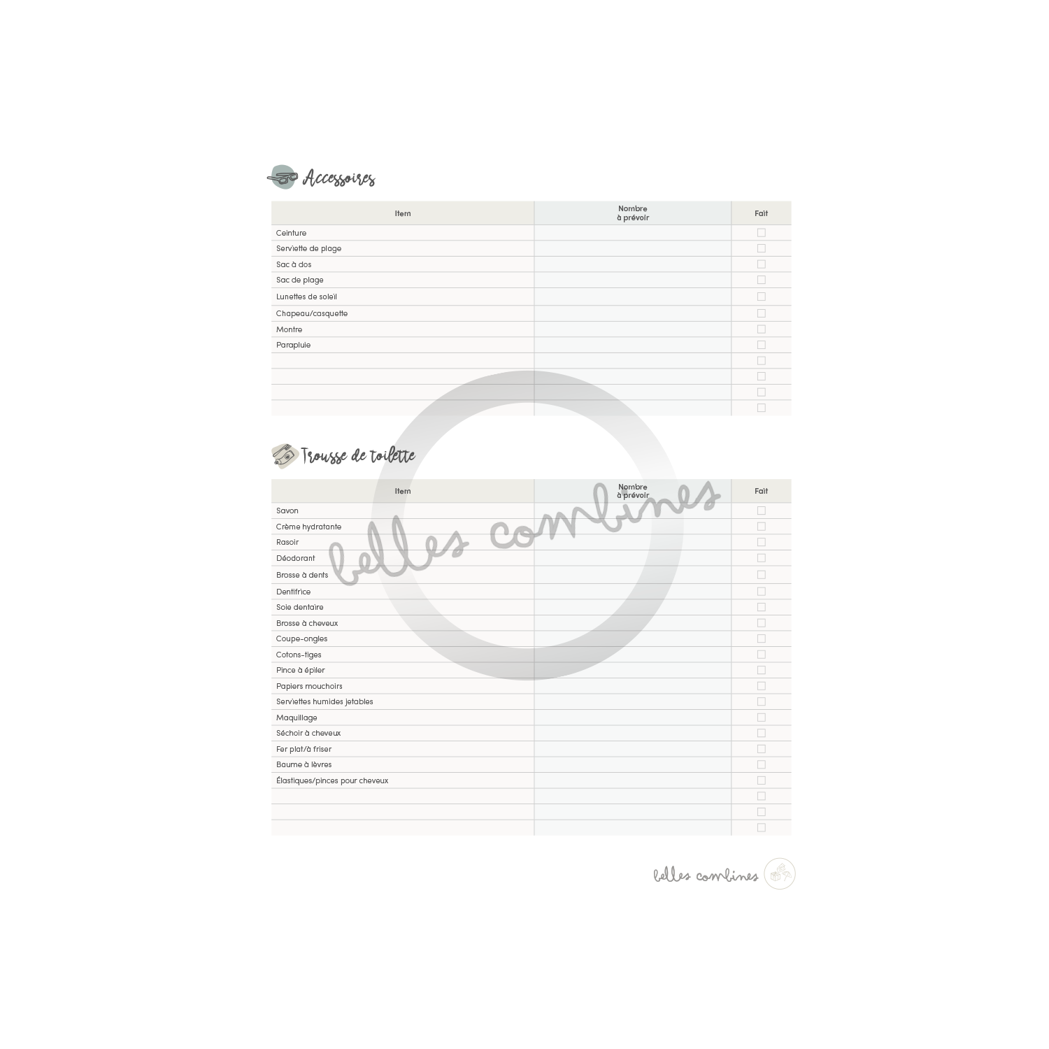 Baggage list for adults