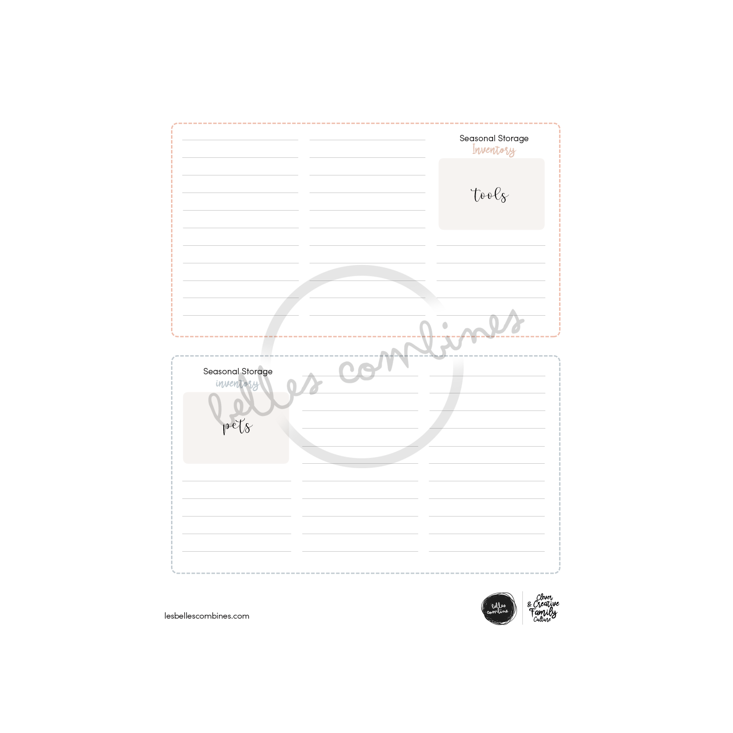 English version of the seasonal storage inventory document to print made by Les Belles Combines