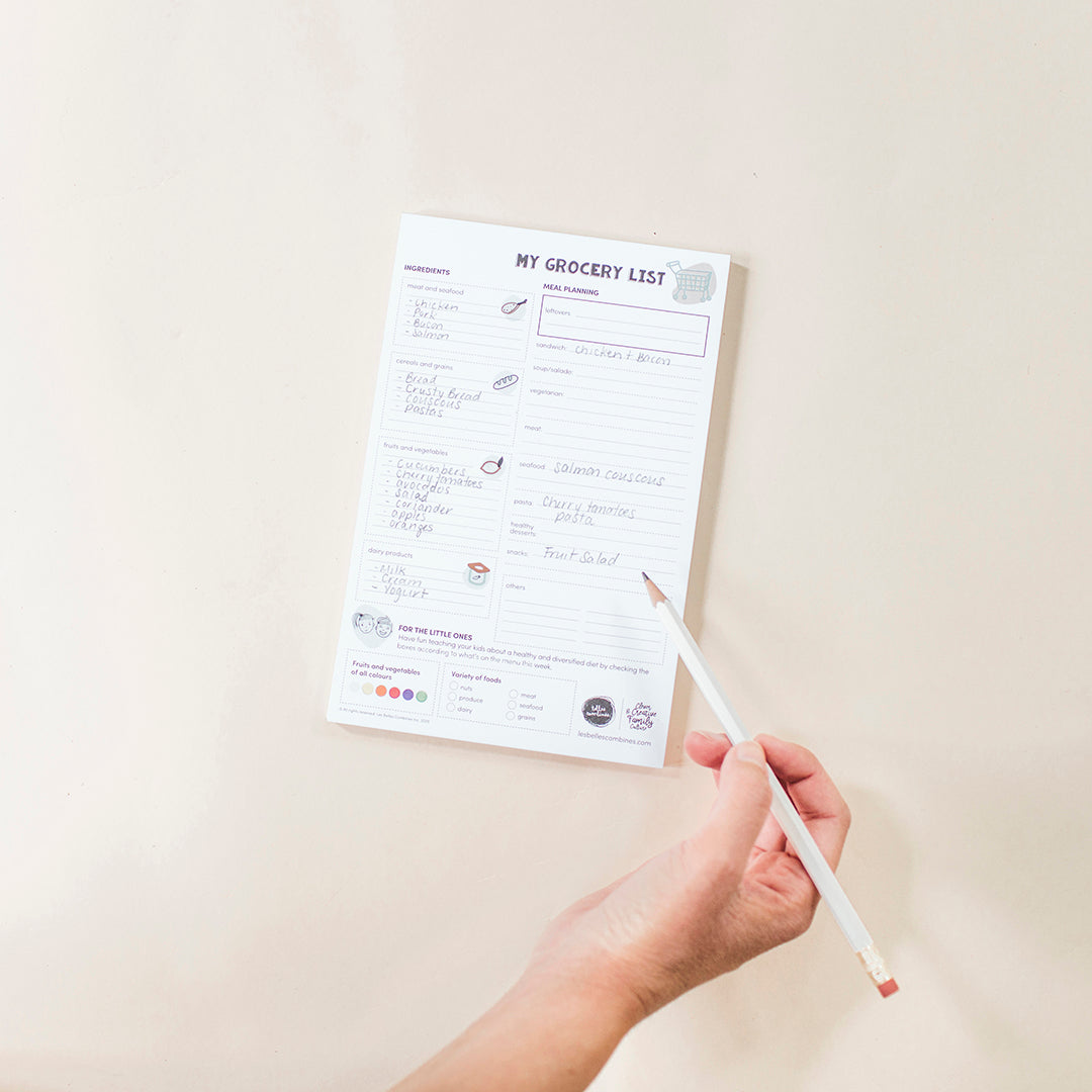 English version of the used grocery list of the mealtime survival kit made by Les Belles Combines