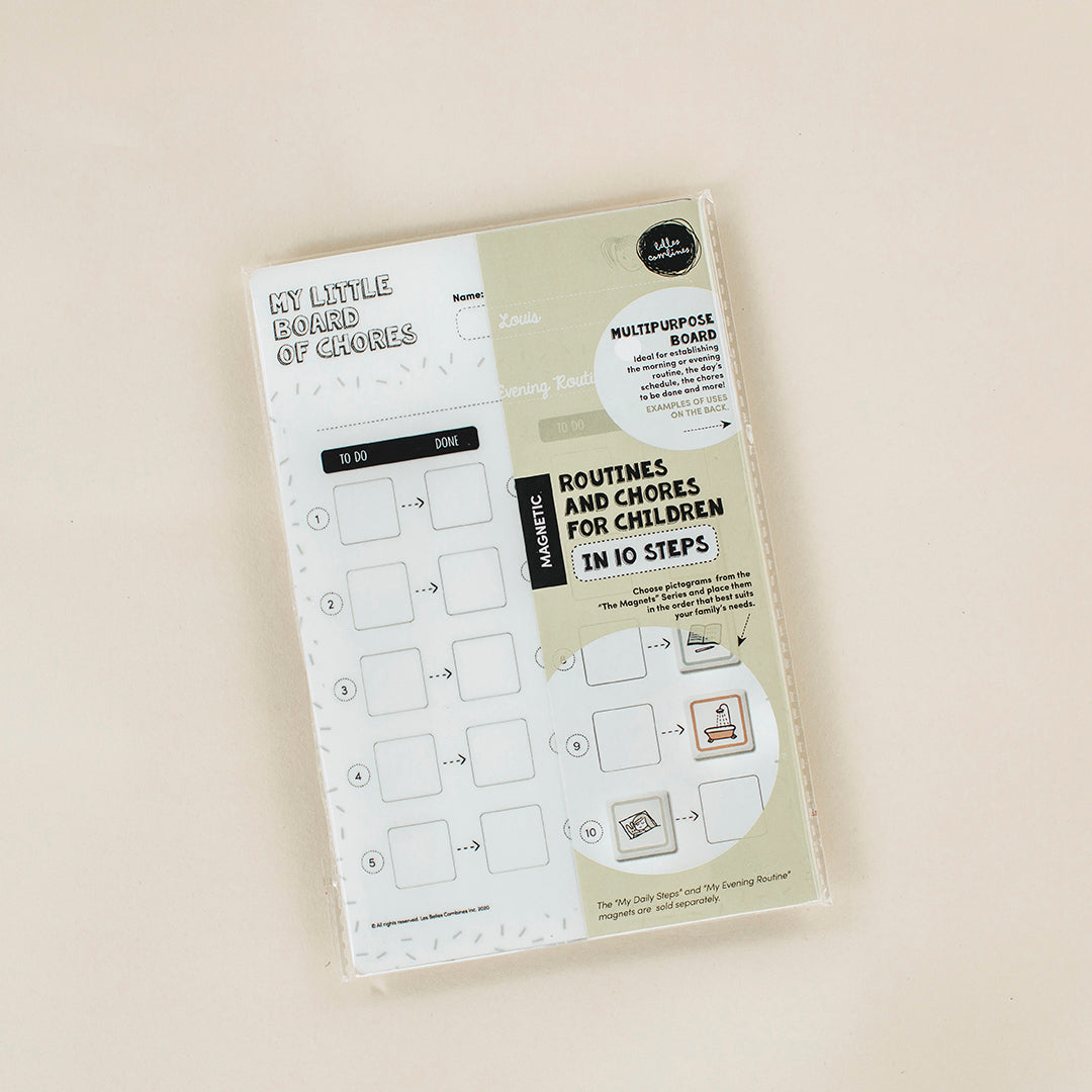 English version of an unopened magnetic little board of chores in ten steps Les Belles Combines