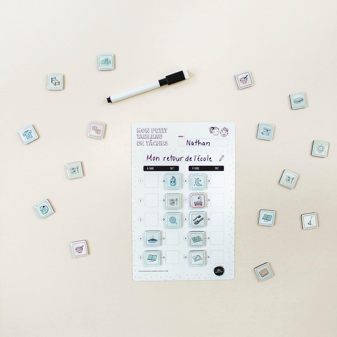Version française du petit tableau de tâches en dix étapes utilisé avec les magnétos des étapes de la journée Les Belles Combines