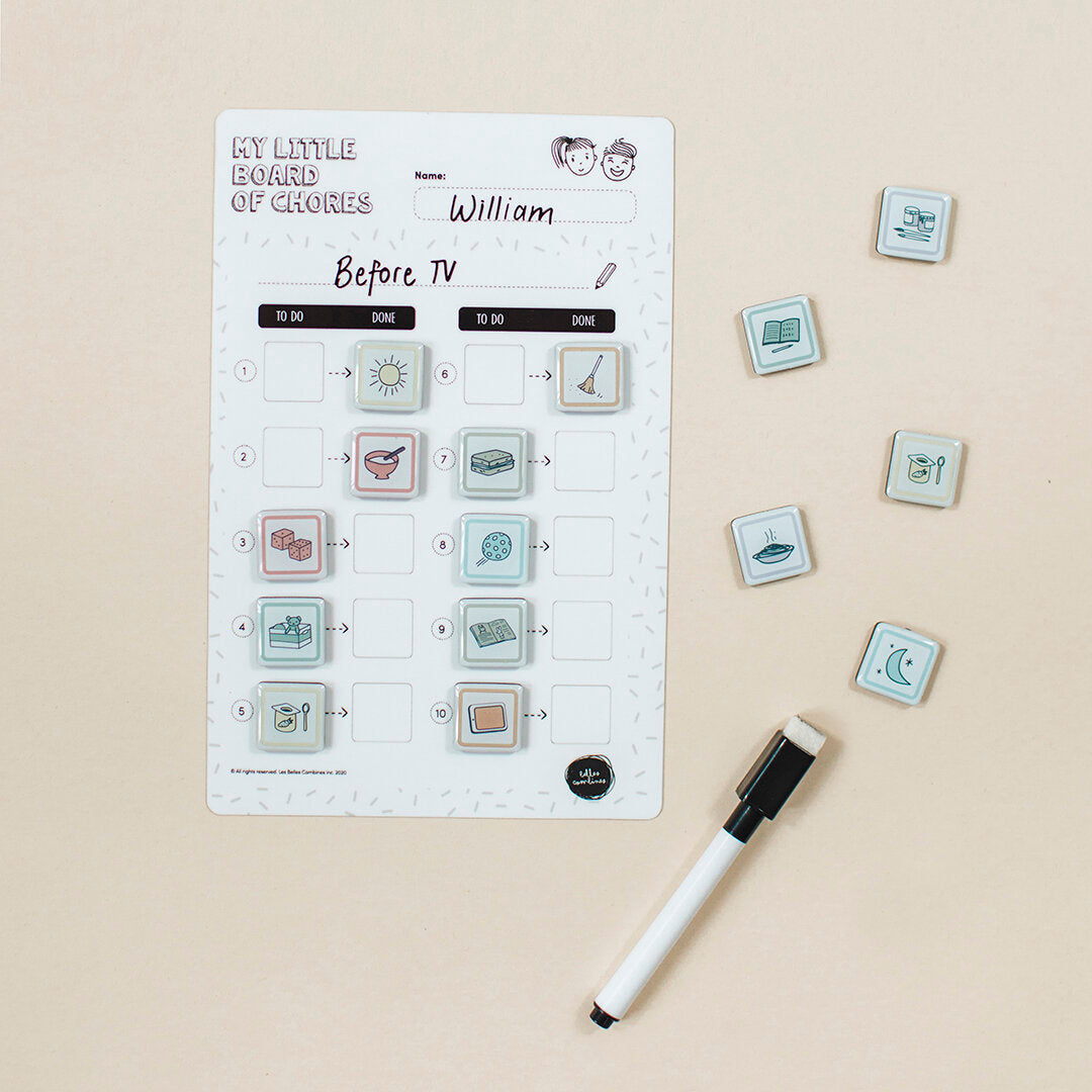English version of the daily schedule magnets used with the little board of chores in ten steps Les Belles Combines