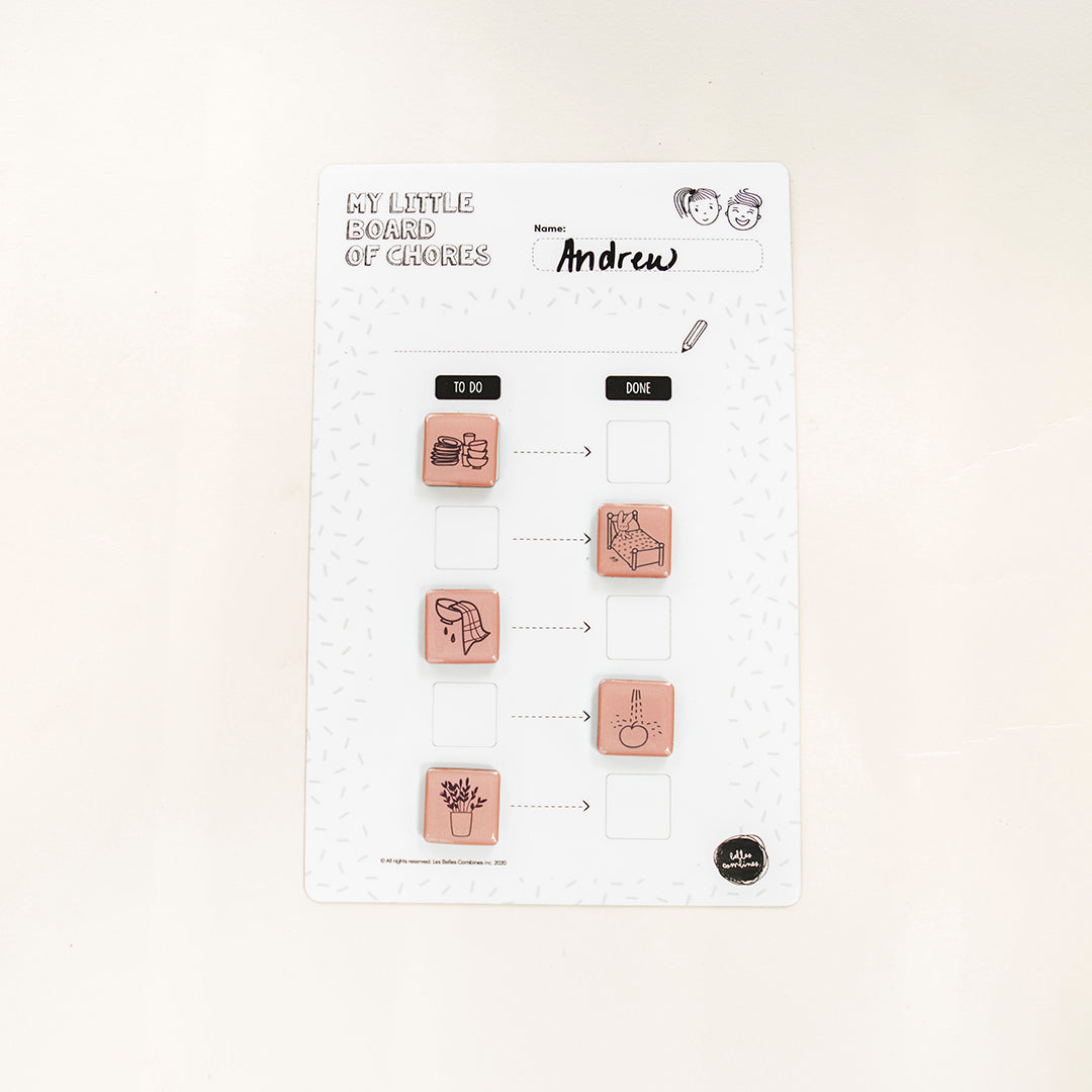 English version of the chores magnets use on the little board of chores in five steps Les Belles Combines