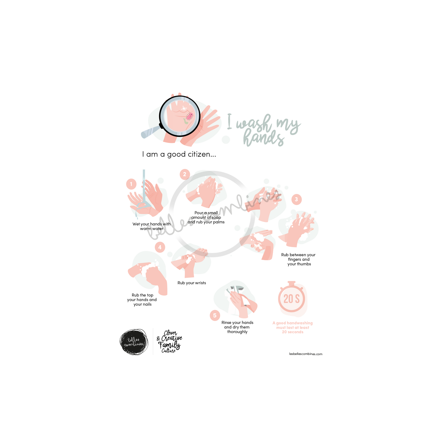 English version of the I wash my hands document to print made by Les Belles Combines