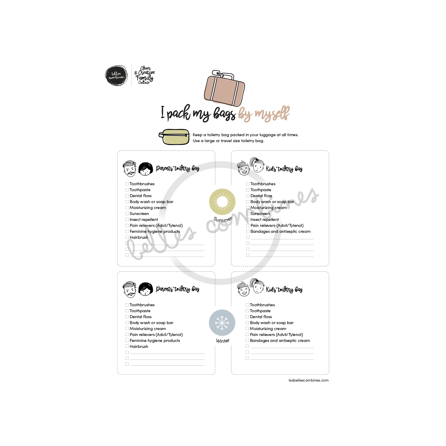 English version of the I pack by bags by myself document to print made by Les Belles Combines