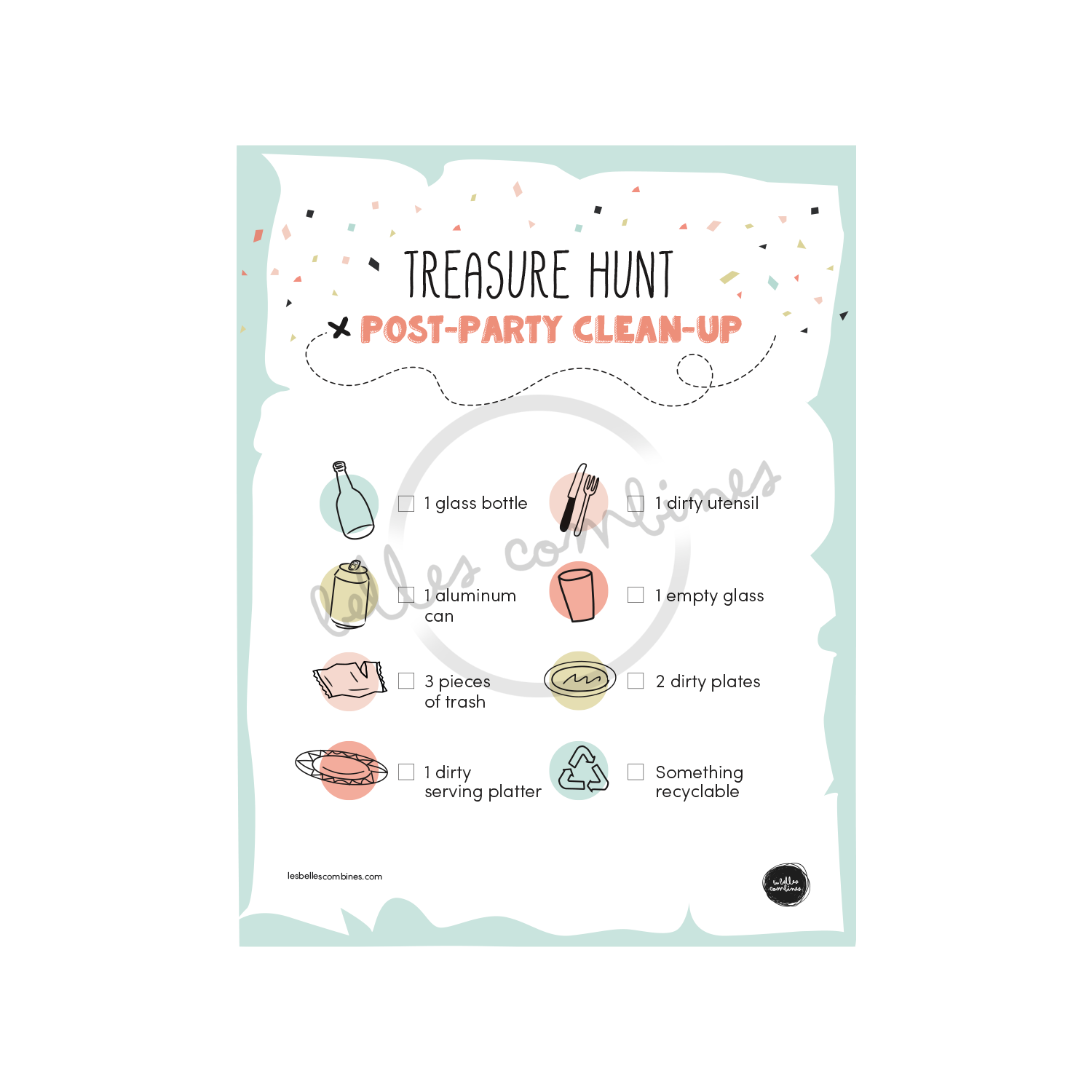 English version of the treasure hunt post-party clean-up document made by Les Belles Combines