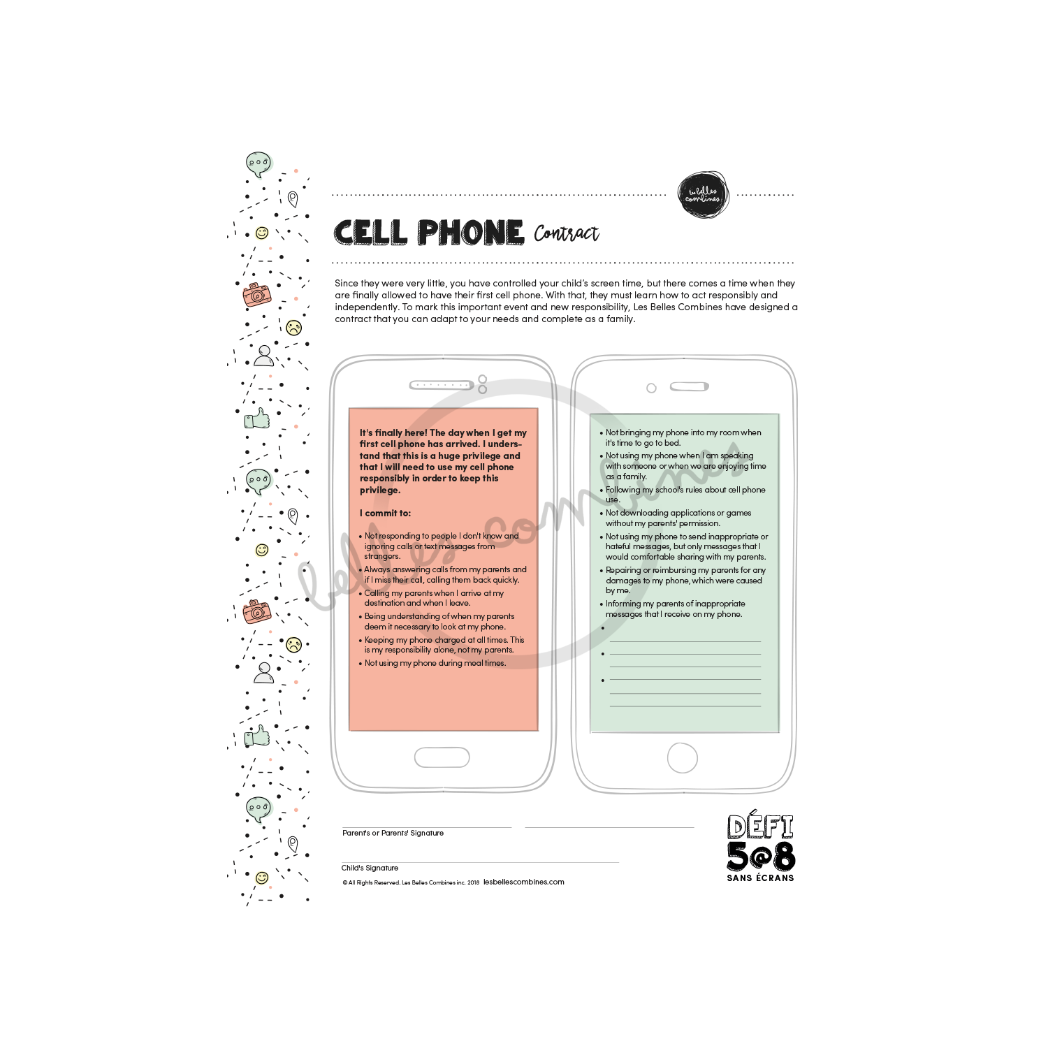 English version of the cell phone contract to print made by Les Belles Combines